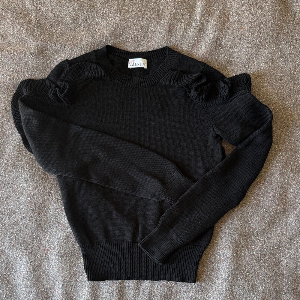 RED Valentino Black Cotton Sweater with Ruffle Accents (Sz XS)
